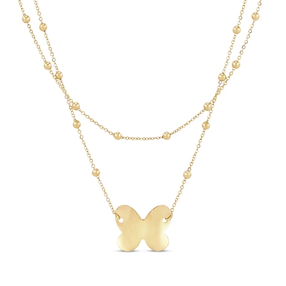 Bead Station Layered Butterfly Necklace 10K Yellow Gold 17"