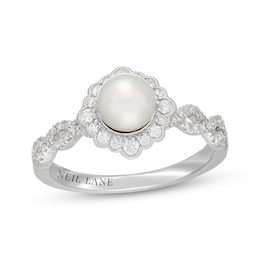 Neil Lane Cultured Akoya Pearl & Diamond Halo Engagement Ring 3/8 ct tw 14K White Gold