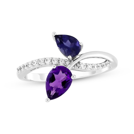 Toi et Moi Pear-Shaped Amethyst & Iolite Ring 1/10 ct tw Diamonds 10K White Gold