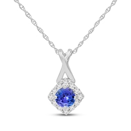 Tanzanite & White Lab-Created Sapphire Halo Necklace Sterling Silver 18&quot;