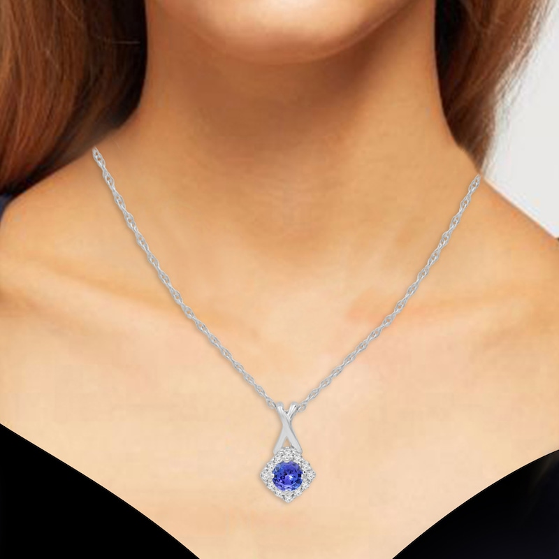 Tanzanite & White Lab-Created Sapphire Halo Necklace Sterling Silver 18"