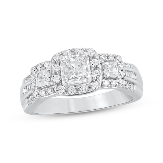 Princess-Cut Diamond Three-Stone Halo Engagement Ring 1 ct tw 14K White Gold