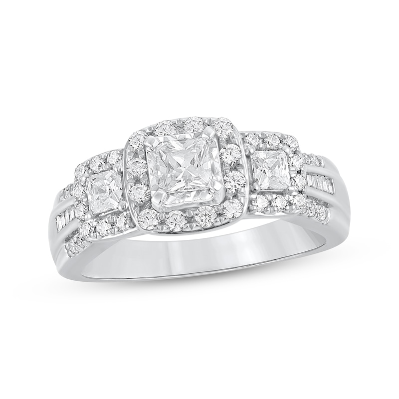 Main Image 1 of Princess-Cut Diamond Three-Stone Halo Engagement Ring 1 ct tw 14K White Gold