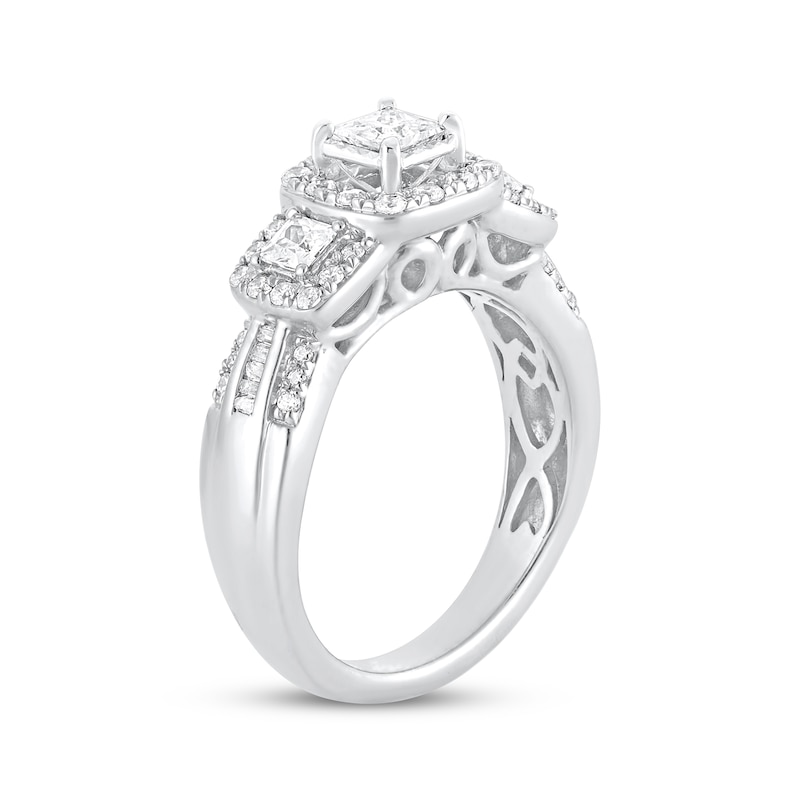 Main Image 2 of Princess-Cut Diamond Three-Stone Halo Engagement Ring 1 ct tw 14K White Gold