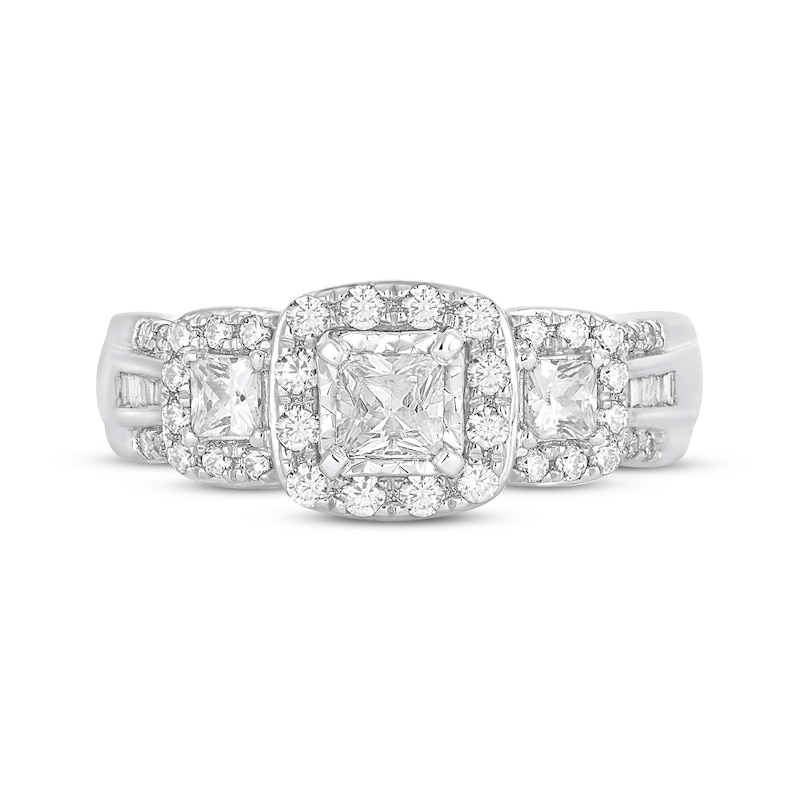 Main Image 3 of Princess-Cut Diamond Three-Stone Halo Engagement Ring 1 ct tw 14K White Gold