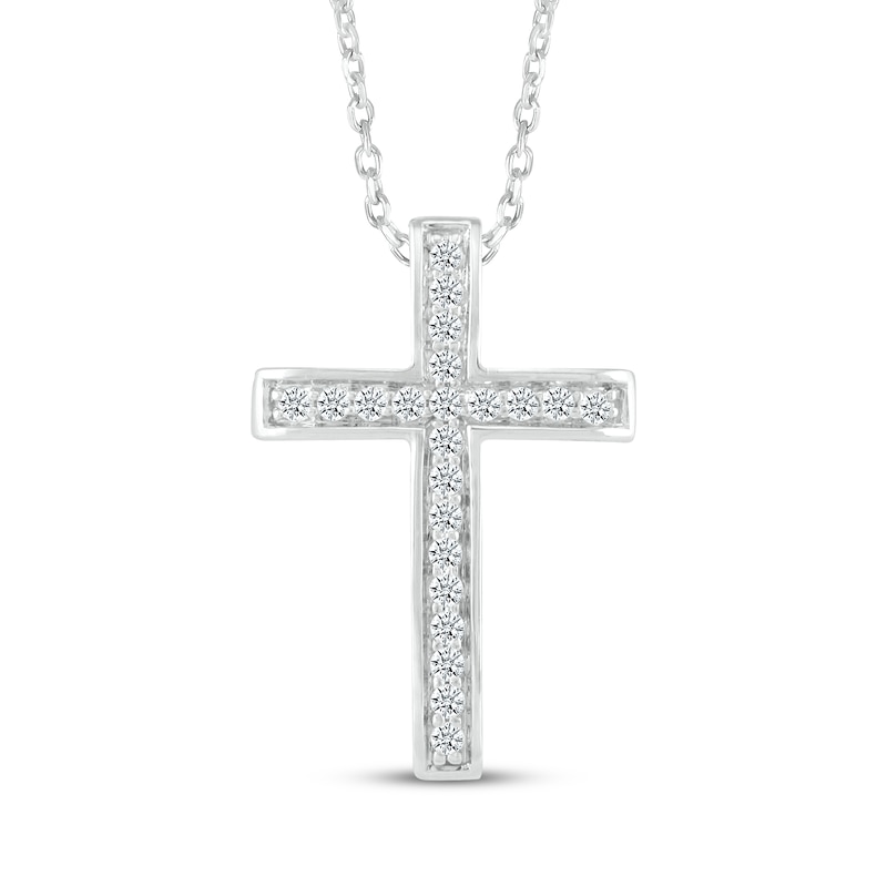 Main Image 1 of Diamond Domed Cross Necklace 1/10 ct 10K White Gold 18&quot;