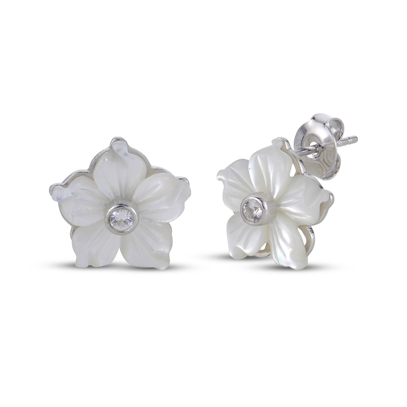 Main Image 1 of White Lab-Created Sapphire & Mother-of-Pearl Flower Stud Earrings Sterling Silver