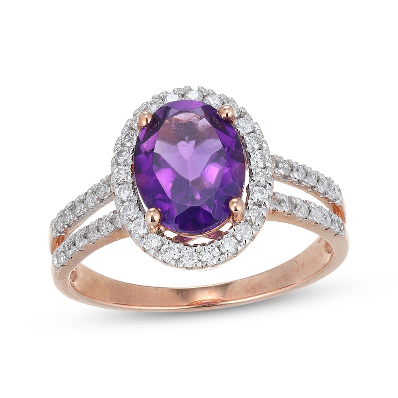 Main Image 1 of Oval-Cut Amethyst & Diamond Halo Ring 1/3 ct tw 10K Rose Gold