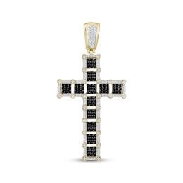 Men's Black & White Diamond Squares Cross Charm 1 ct tw 10K Yellow Gold