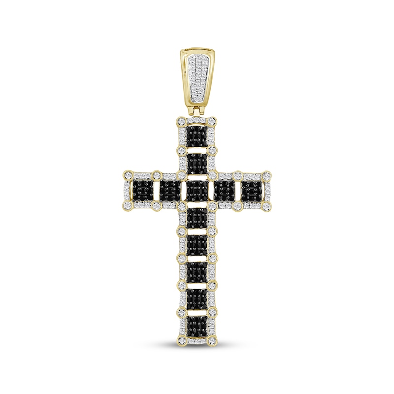 Main Image 1 of Men's Black & White Diamond Squares Cross Charm 1 ct tw 10K Yellow Gold