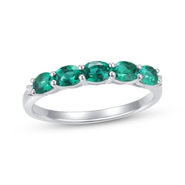 Oval-Cut Lab-Created Emerald & White Lab-Created Sapphire Ring Sterling Silver