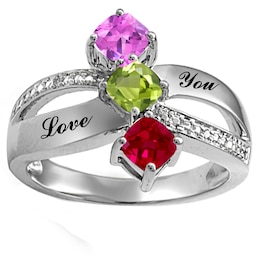 North South Triple Cushion Birthstone Family & Mother's Ring (1-3 Stones and 2 Lines)