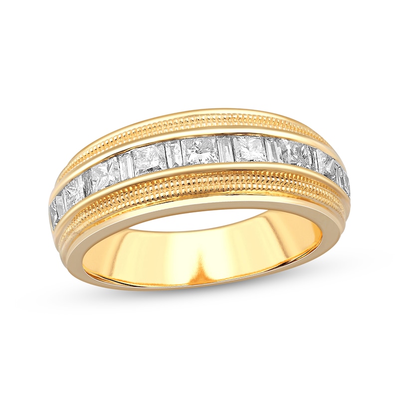 Main Image 1 of Men's Square & Baguette-Cut Diamond Channel Wedding Band 1-1/2 ct tw 10K Yellow Gold