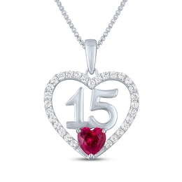 Heart-Shaped Lab-Created Ruby & White Lab-Created Sapphire &quot;15&quot; Heart Necklace Sterling Silver 18&quot;