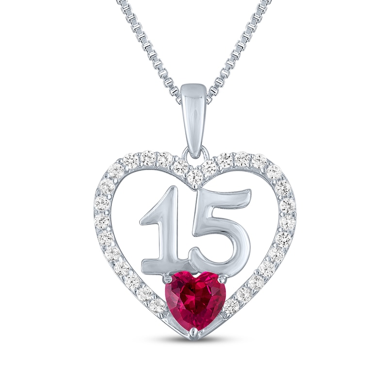 Heart-Shaped Lab-Created Ruby & White Lab-Created Sapphire "15" Heart Necklace Sterling Silver 18"