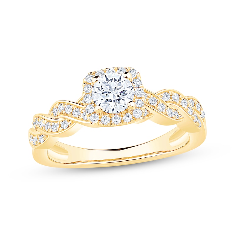 Main Image 1 of Round-Cut Diamond Halo Engagement Ring 3/4 ct tw 18K Yellow Gold