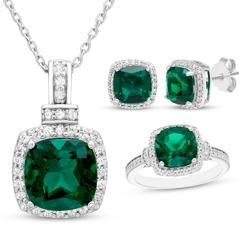 Main Image 1 of Cushion-Cut Lab-Created Emerald & White Lab-Created Sapphire Gift Set Sterling Silver