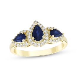 Pear-Shaped Natural Blue Sapphire & Diamond Halo Three-Stone Ring 1/5 ct tw 14K Yellow Gold