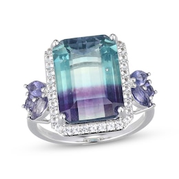 Emerald-Cut Fluorite, Iolite & White Lab-Created Sapphire Ring Sterling Silver