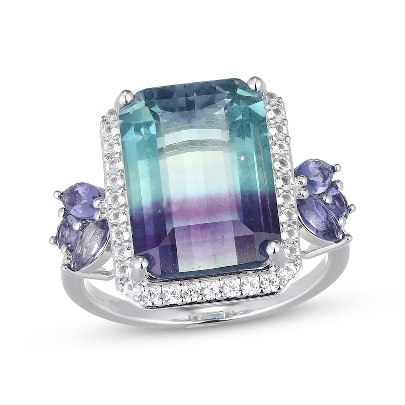 Main Image 1 of Emerald-Cut Fluorite, Iolite & White Lab-Created Sapphire Ring Sterling Silver