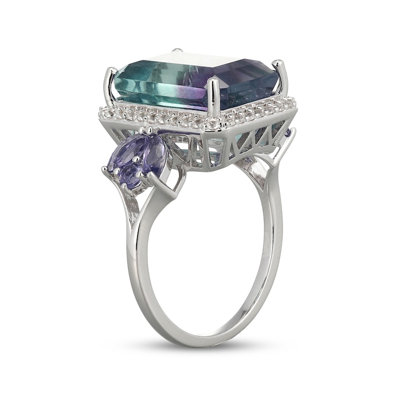 Main Image 2 of Emerald-Cut Fluorite, Iolite & White Lab-Created Sapphire Ring Sterling Silver