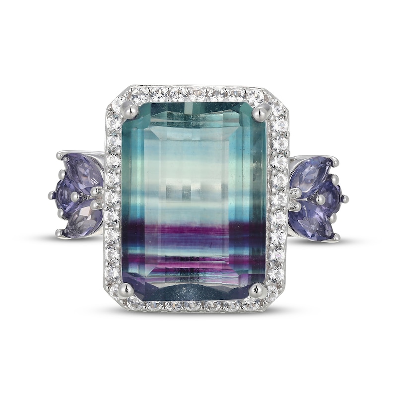 Main Image 3 of Emerald-Cut Fluorite, Iolite & White Lab-Created Sapphire Ring Sterling Silver