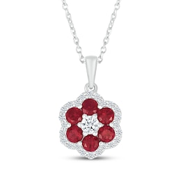 Lab-Created Ruby & White Lab-Created Sapphire Flower Necklace Sterling Silver 18&quot;