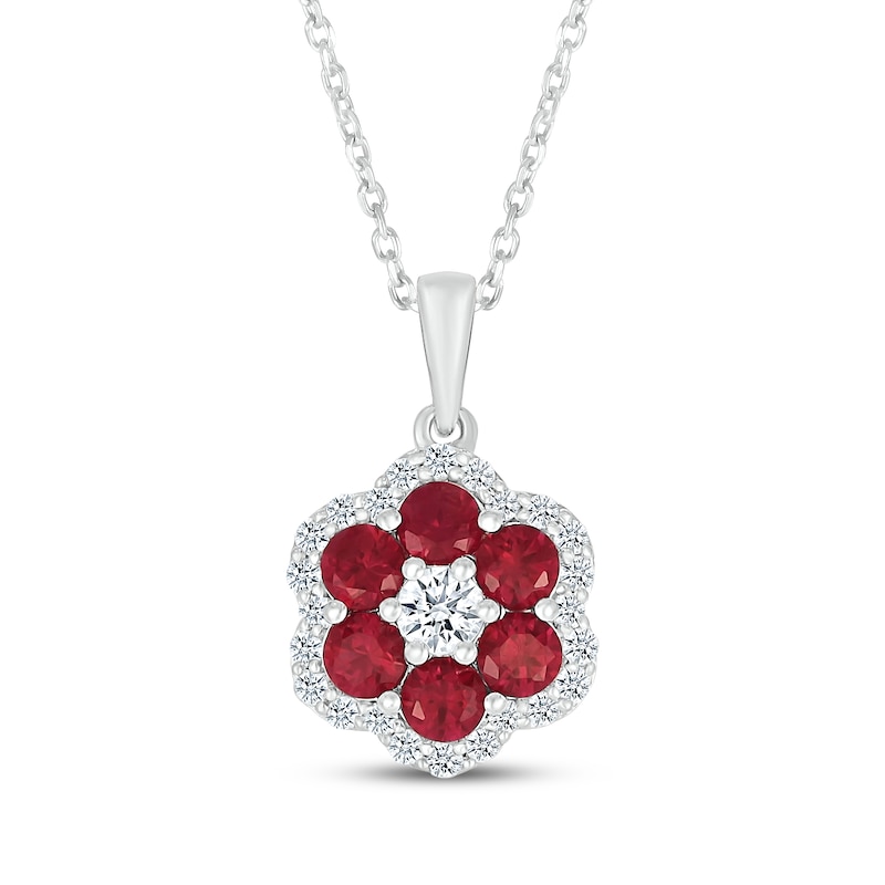 Main Image 1 of Lab-Created Ruby & White Lab-Created Sapphire Flower Necklace Sterling Silver 18&quot;