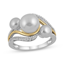 Memories Moments Magic Cultured Pearl & Diamond Three-Stone Ring 1/10 ct tw Sterling Silver & 10K Yellow Gold