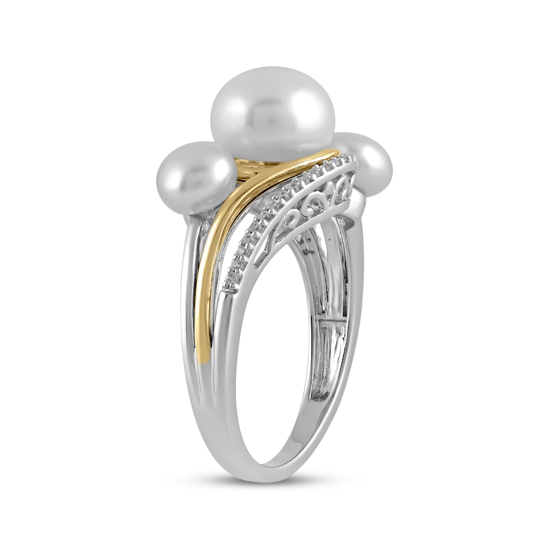 Main Image 2 of Memories Moments Magic Cultured Pearl & Diamond Three-Stone Ring 1/10 ct tw Sterling Silver & 10K Yellow Gold