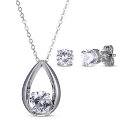 Round-Cut White Lab-Created Sapphire Necklace & Stud Earrings Gift Set Sterling Silver 18&quot;