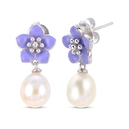 Cultured Pearl & Purple Enamel Flower Drop Earrings Sterling Silver