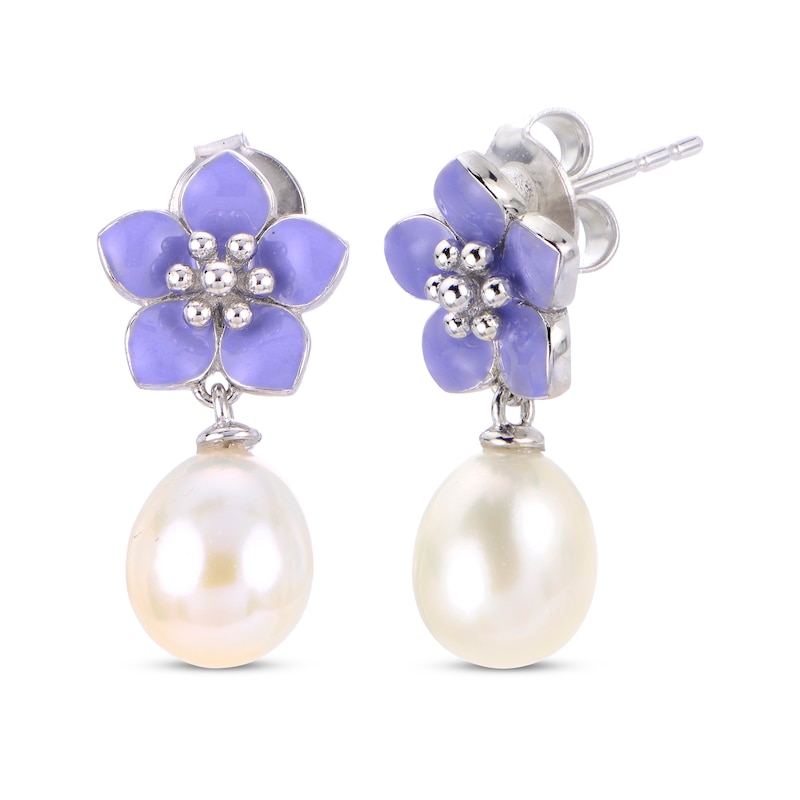 Main Image 1 of Cultured Pearl & Purple Enamel Flower Drop Earrings Sterling Silver