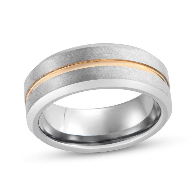 Main Image 1 of Beveled Edge Wedding Band Tungsten Carbide & Yellow Ion Plating 8mm