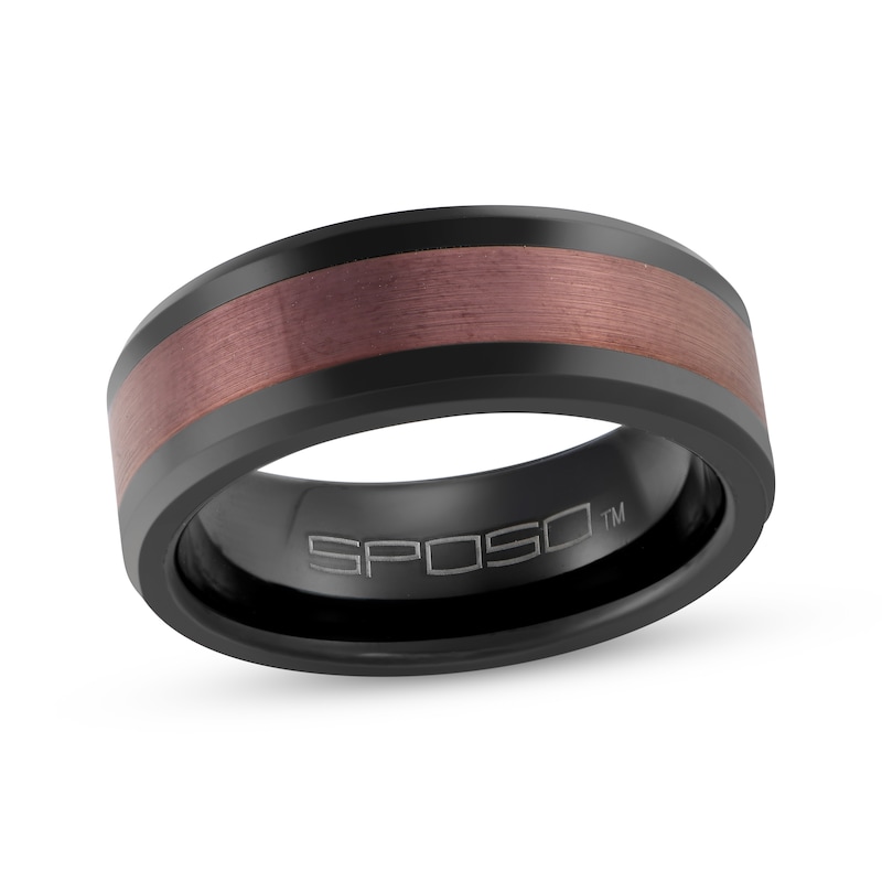 Main Image 1 of Center Stripe Wedding Band Black & Brown Ion-Plated Tungsten Carbide 8mm