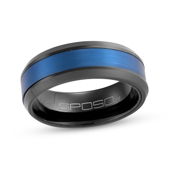 Center Stripe Wedding Band Black & Blue Ion-Plated Tungsten Carbide 8mm