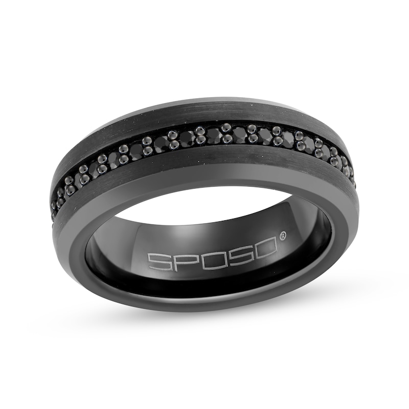 Main Image 1 of Black Sapphire Beveled Edge Wedding Band Black Tungsten Carbide 8mm