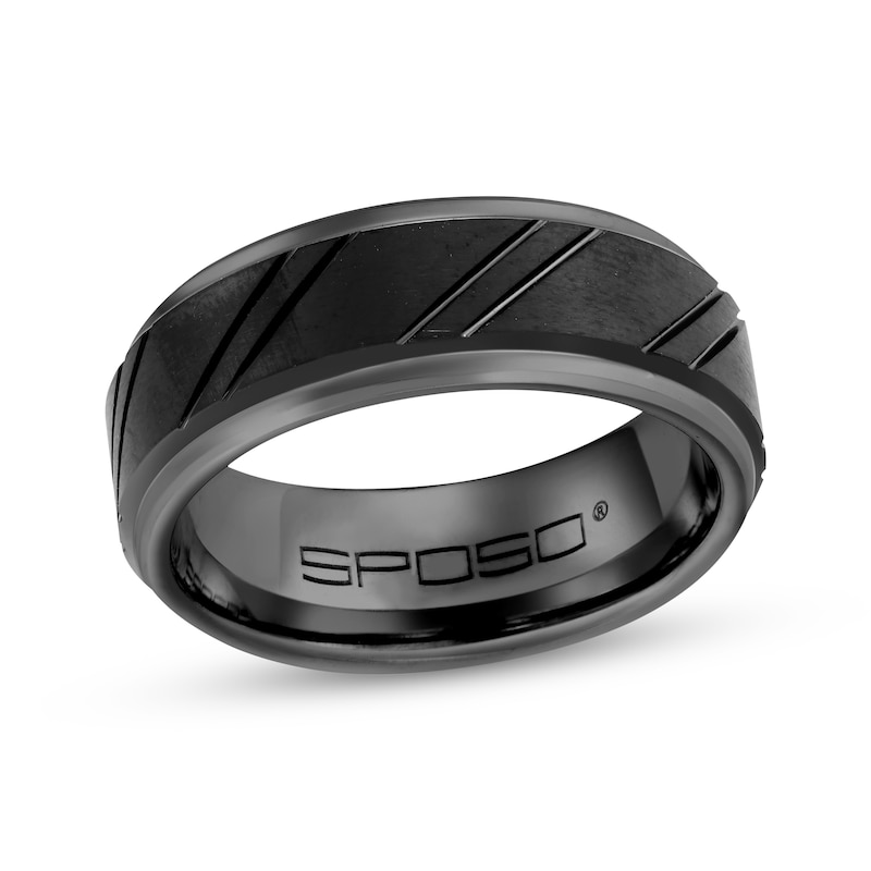 Main Image 1 of Diagonal Groove Wedding Band Black Tungsten Carbide 8mm