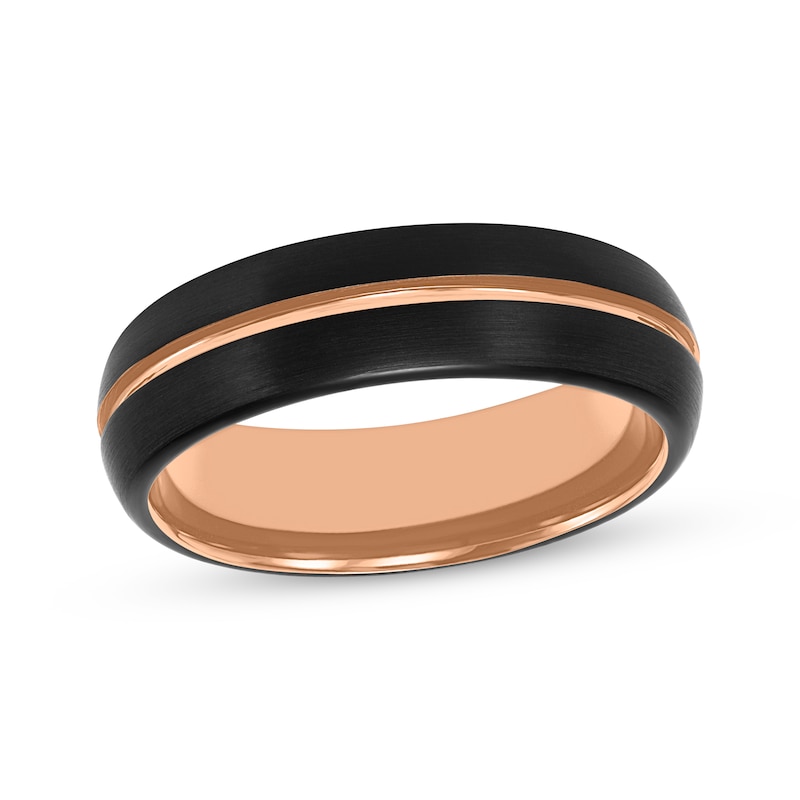 Main Image 1 of Contrast Channel Wedding Band Black & Rose-Tone Tungsten Carbide 6.5mm