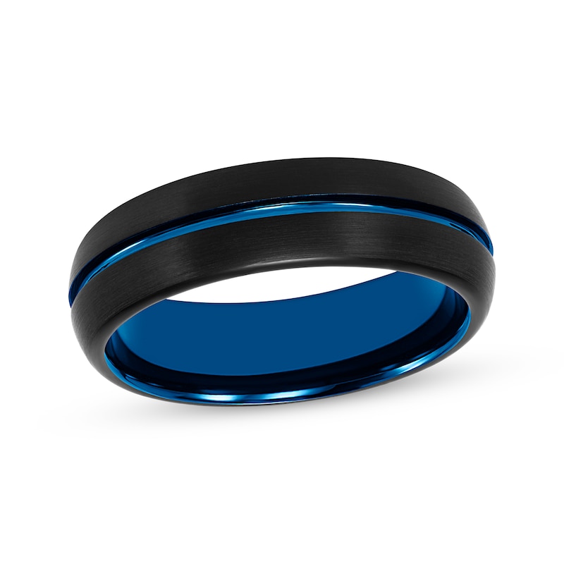 Main Image 1 of Contrast Channel Wedding Band Black & Blue Tungsten Carbide 6.5mm