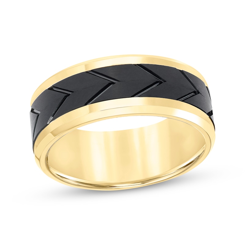 Main Image 1 of Tired Tread Pattern Wedding Band Yellow & Black Tungsten Carbide 8mm