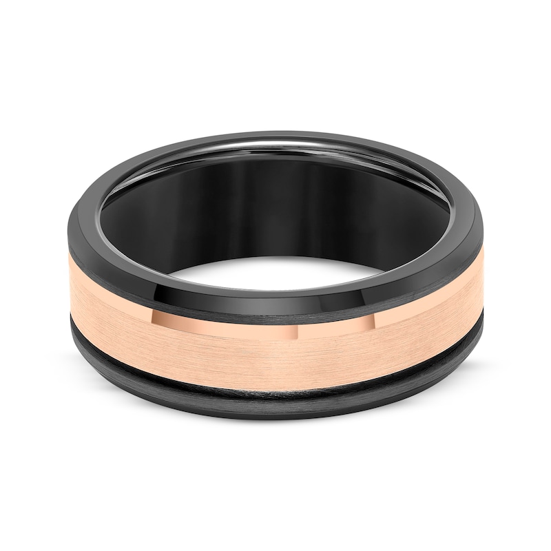 Main Image 3 of Beveled Edge Wedding Band Black & Rose-Tone Tungsten Carbide 8mm