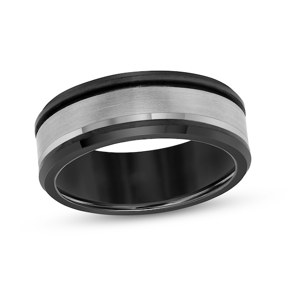 Beveled Edge Wedding Band Black & White Tungsten Carbide 8mm