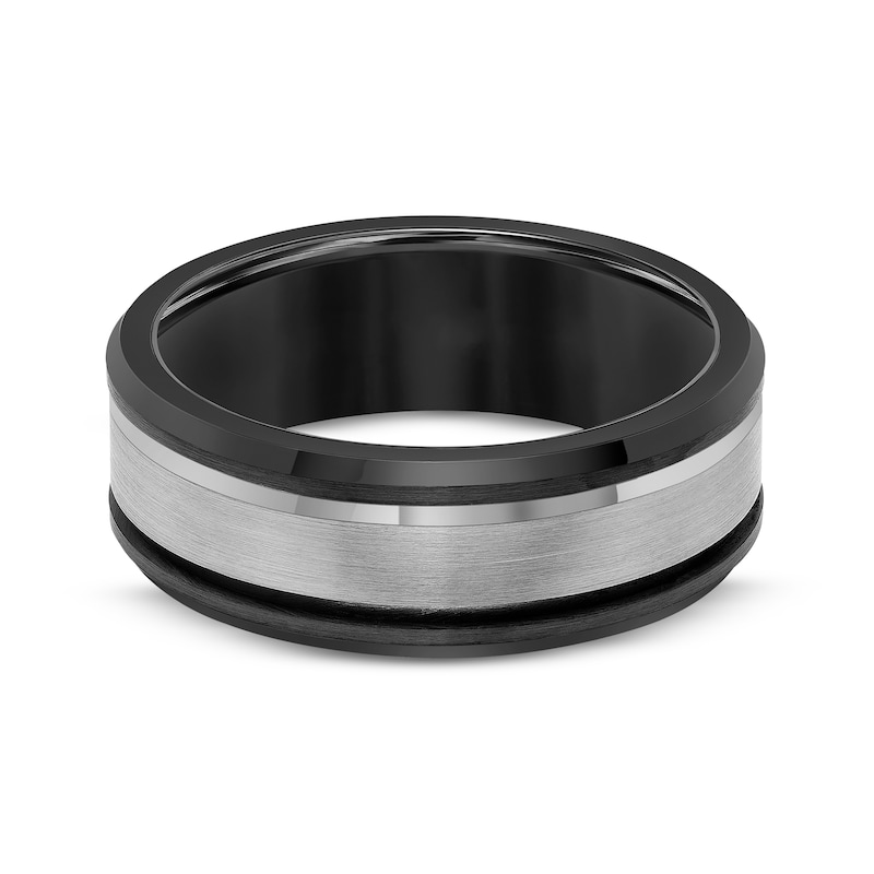 Main Image 3 of Beveled Edge Wedding Band Black & White Tungsten Carbide 8mm