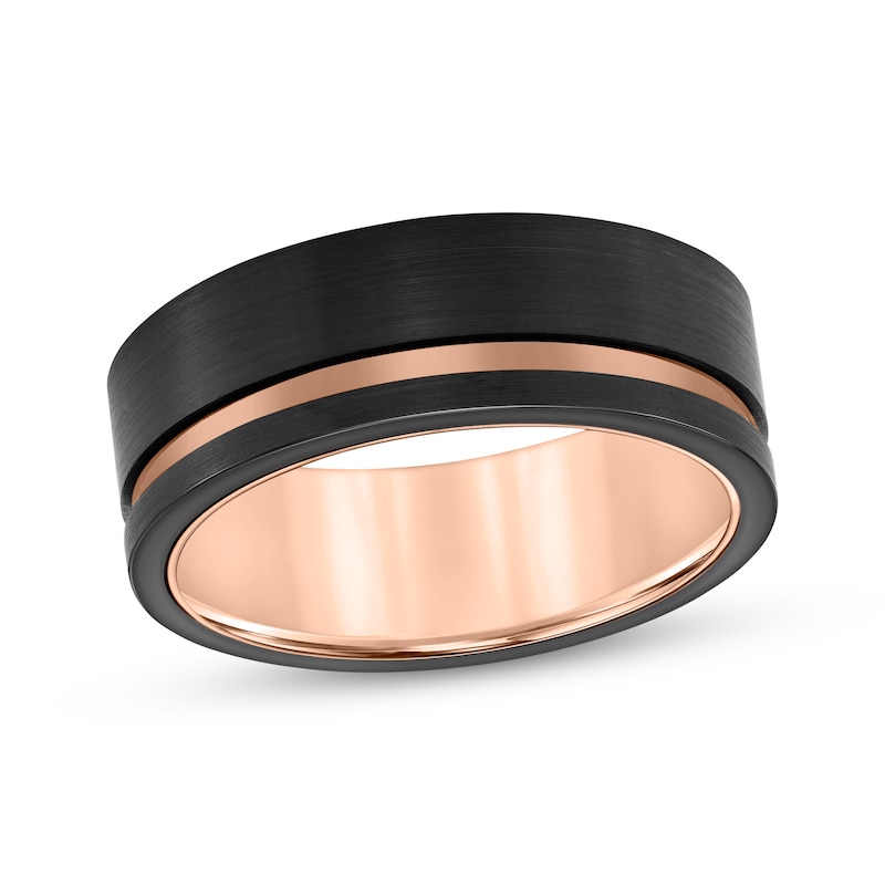 Main Image 1 of Contrast Channel Wedding Band Black & Rose-Tone Tungsten Carbide 8mm