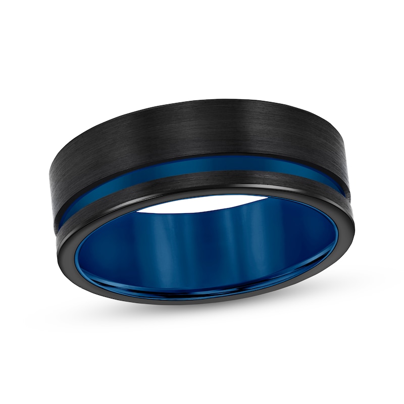 Main Image 1 of Contrast Channel Wedding Band Black & Blue Tungsten Carbide 8mm