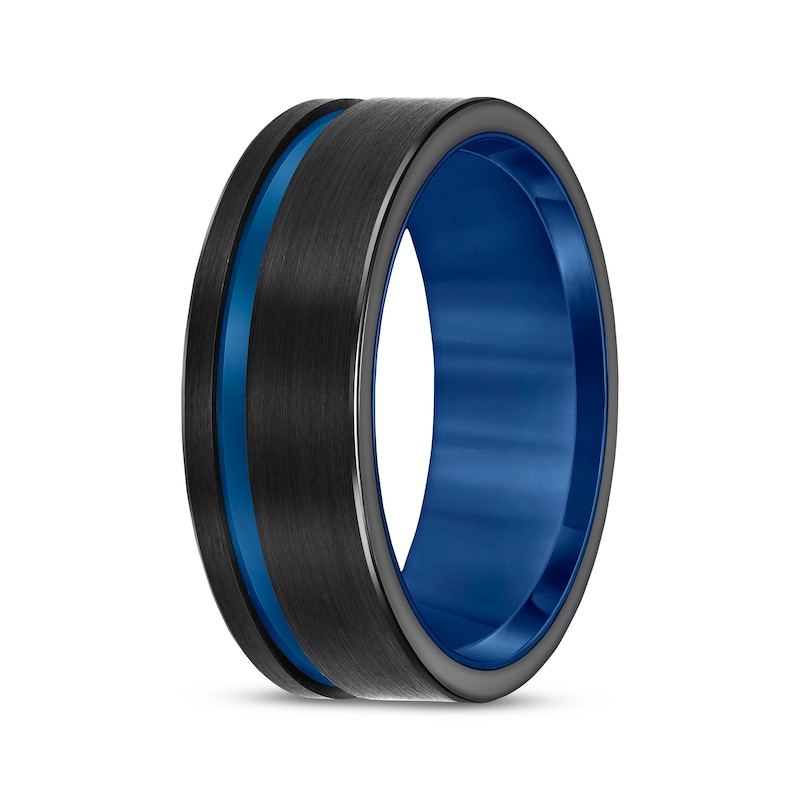 Main Image 2 of Contrast Channel Wedding Band Black & Blue Tungsten Carbide 8mm