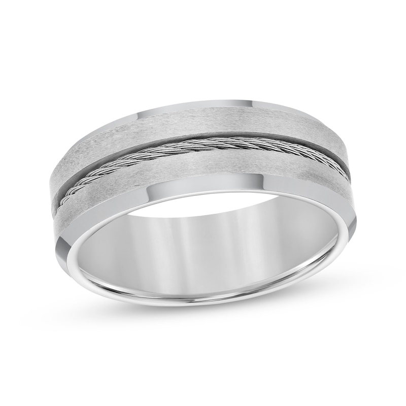 Main Image 1 of Cable Inlay Beveled Edge Wedding Band Tungsten Carbide & Stainless Steel 8mm