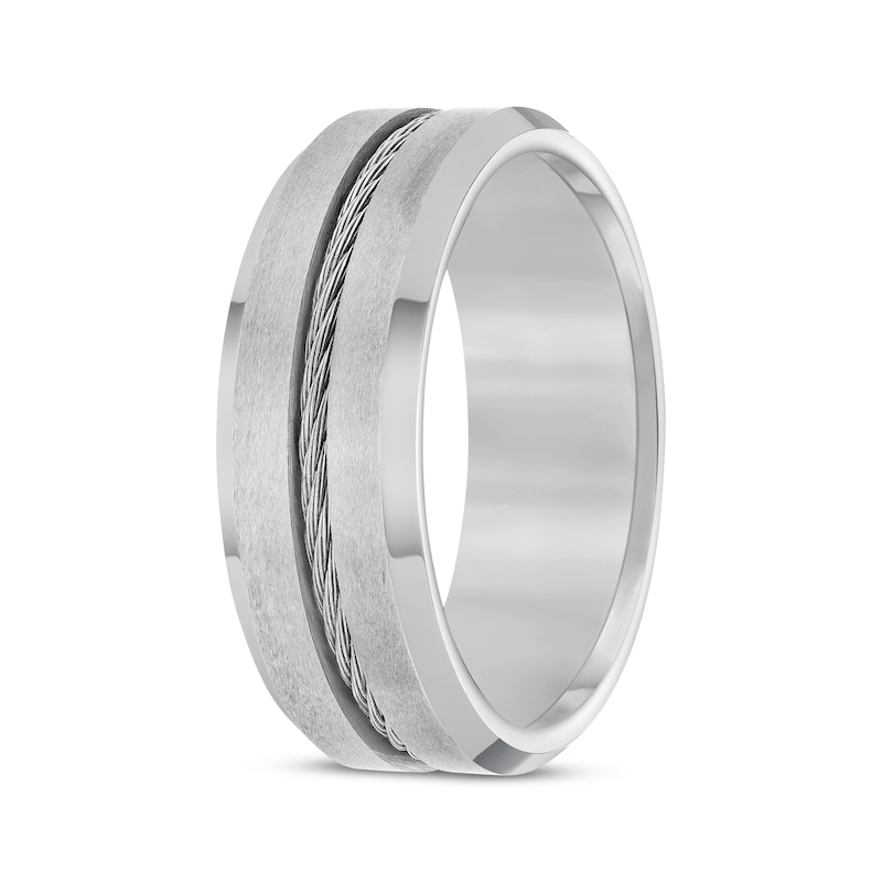 Cable Inlay Beveled Edge Wedding Band Tungsten Carbide & Stainless Steel 8mm