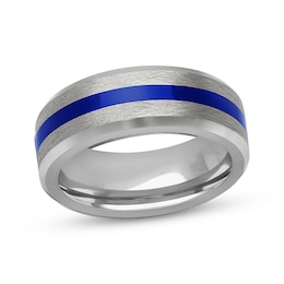 Blue Ceramic Stripe Wedding Band Tungsten Carbide 8mm